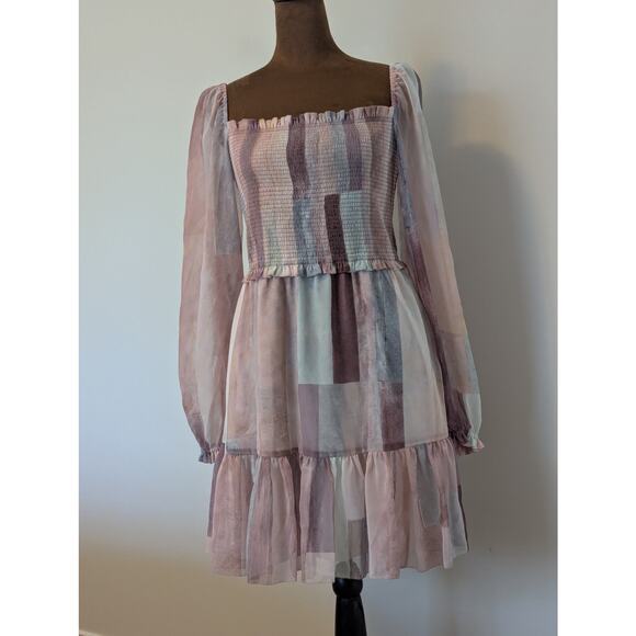 Aritzia Wilfred Tempest Chiffon Semi Sheer Smocked Mini Dress in Pastel Print M - Picture 2 of 6